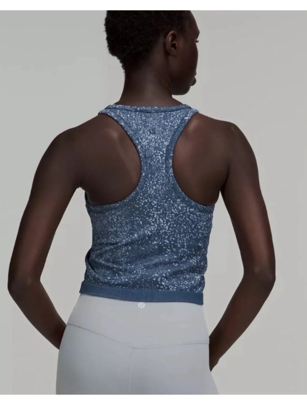EUC Lululemon Ebb to Street RB Crop Tank Size 4 Denim Indigo Pop Splatter Blue